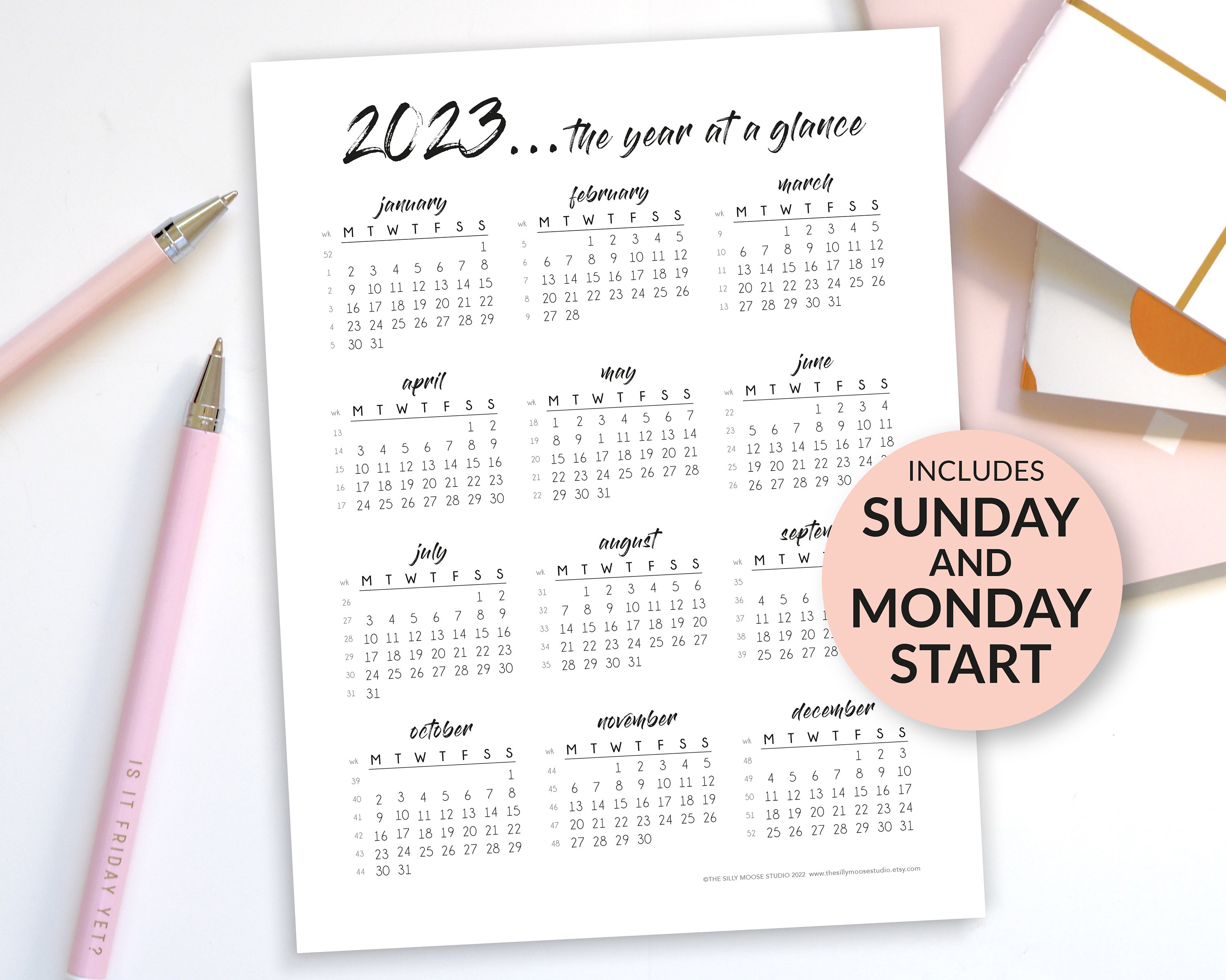 Free 2023 Yearly Calendar Monday Start Printable