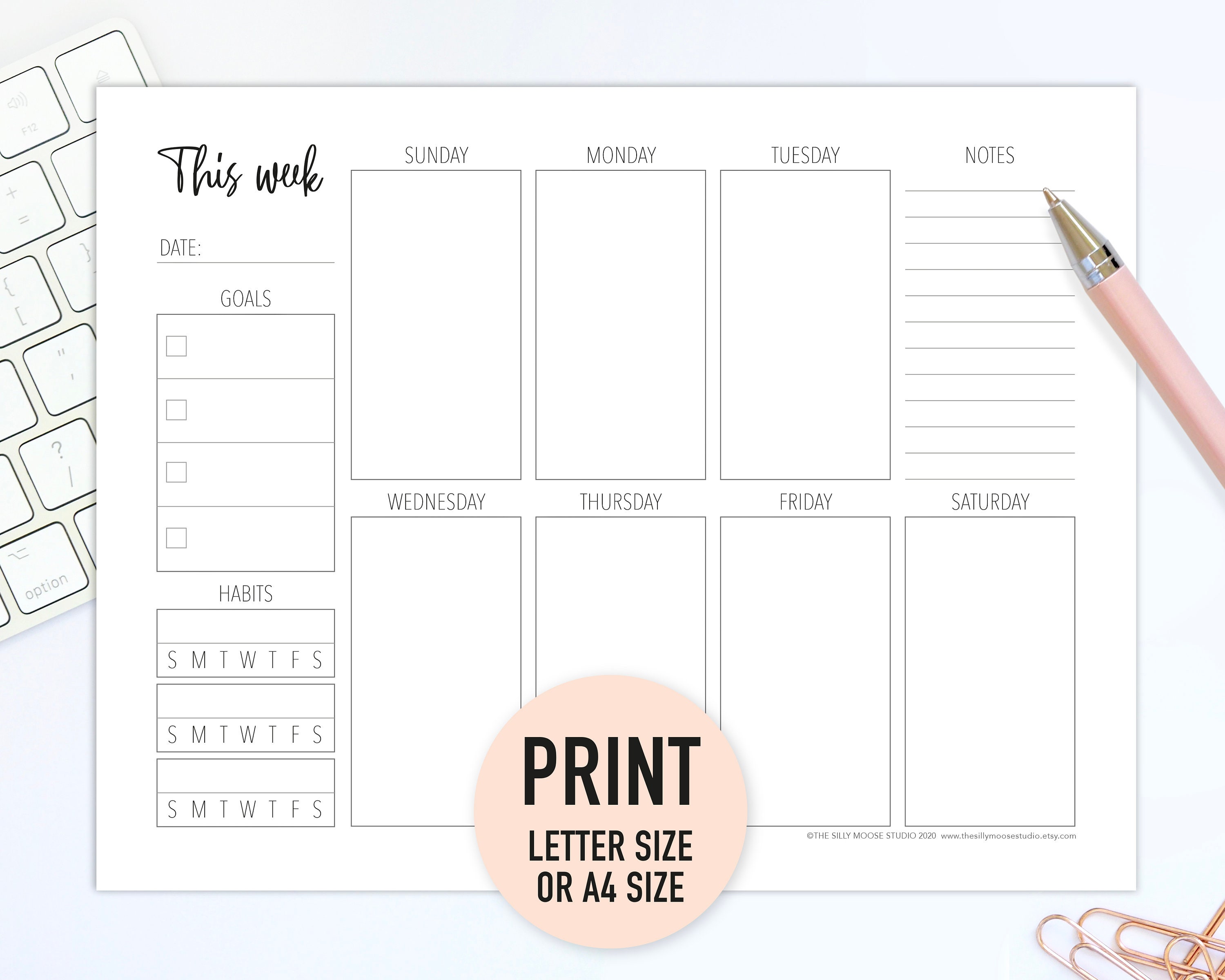 Weekly Planner Printable Template Sunday Start Landscape Etsy