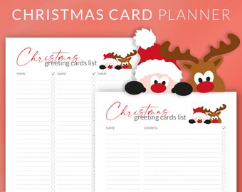 May include: A printable Christmas card planner with two list styles. The planner features a red and white design with the text "Christmas greeting cards list" and decorative Santa and reindeer graphics. The text "Printable & Digital PDF" is at the top.