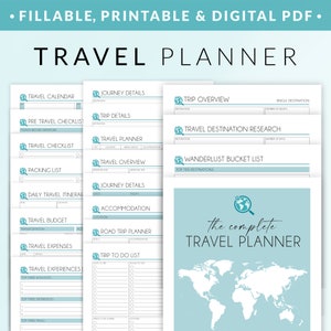 Peut inclure: Un planificateur de voyage imprimable avec un fond bleu clair et une carte du monde blanche. Le planificateur comprend des sections pour le calendrier des voyages, la liste de contrôle avant le voyage, la liste de contrôle des voyages, la liste de colisage, l'itinéraire de voyage quotidien, le budget de voyage, les dépenses de voyage, les expériences de voyage, les détails du voyage, les détails du voyage, la vue d'ensemble du voyage, la recherche de destination de voyage, la liste de seaux de la soif de voyage, l'hébergement et le planificateur de voyage en voiture.