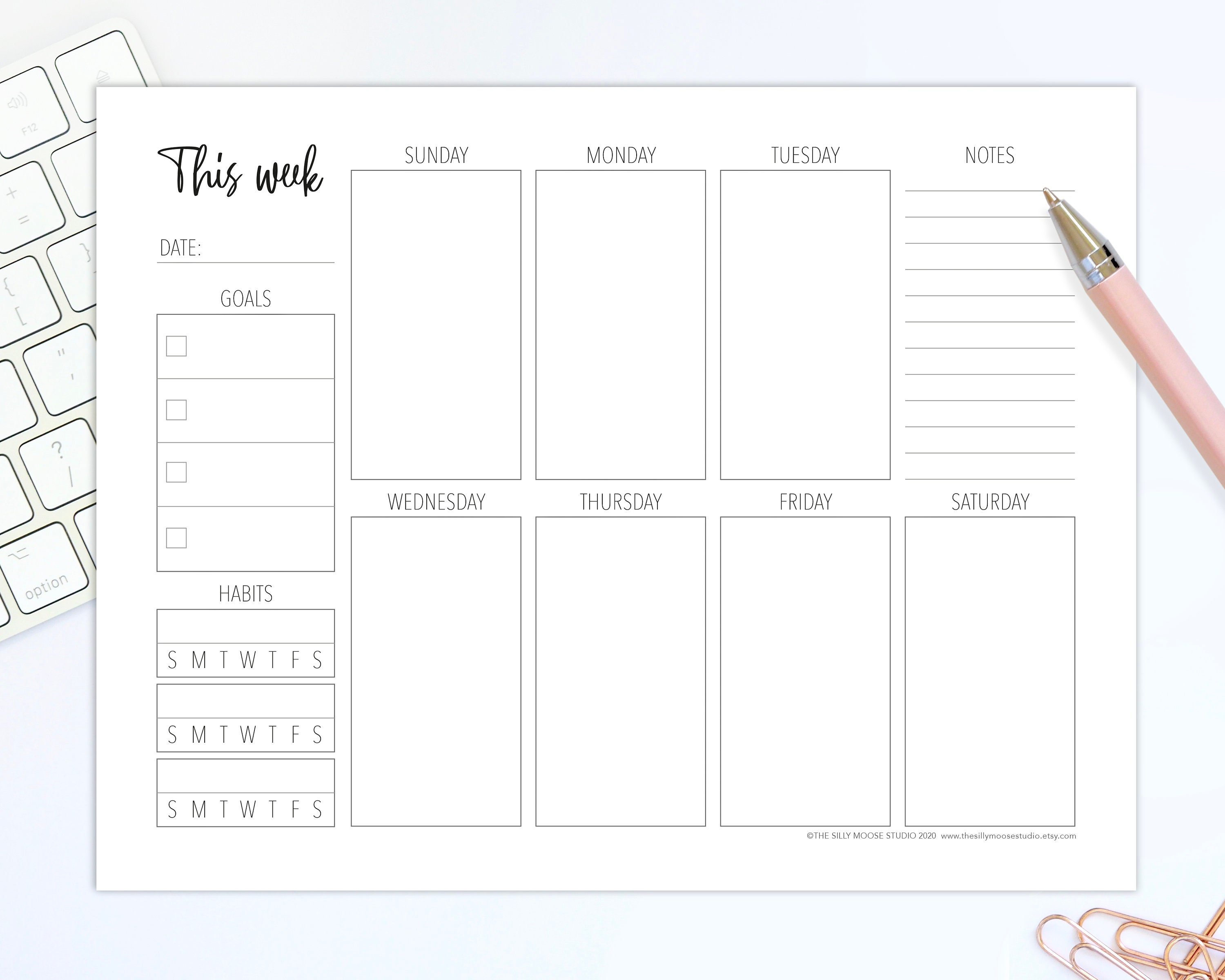 Weekly planner printable template sunday start landscape etsy