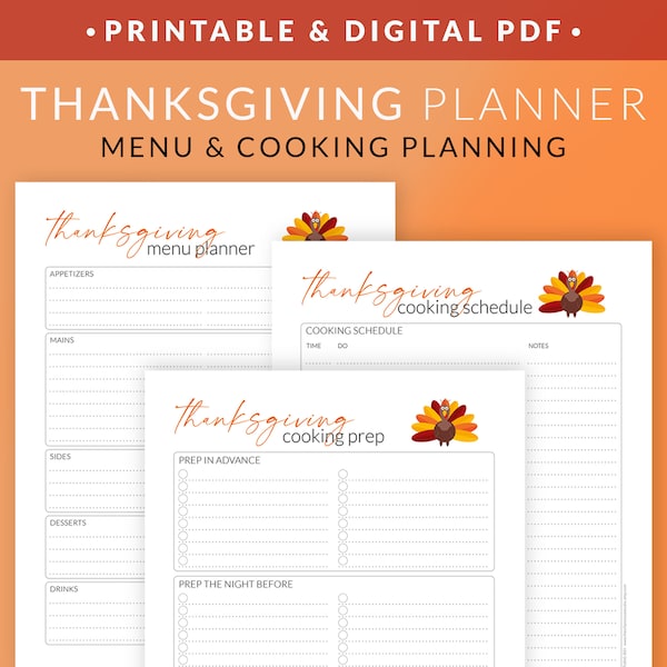 Thanksgiving Meal Cooking Planner Printable Set – Holiday Meal Planning Template – Cooking Schedule & Preparation Plan –  Digital PDF
