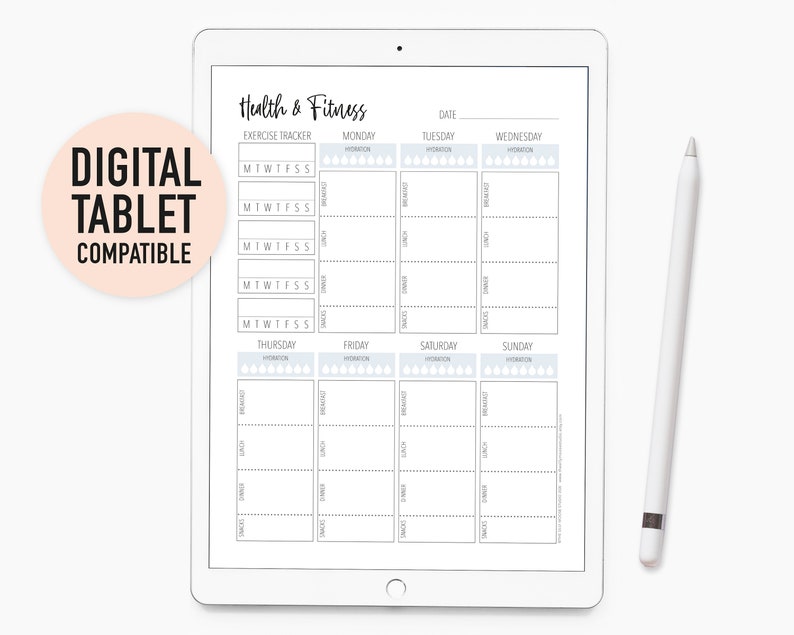 Puede incluir: Una plantilla de planificador digital para hacer un seguimiento de los objetivos de salud y estado f&iacute;sico. La plantilla incluye secciones para el seguimiento del ejercicio, la hidrataci&oacute;n y las notas diarias. La plantilla es compatible con tabletas.