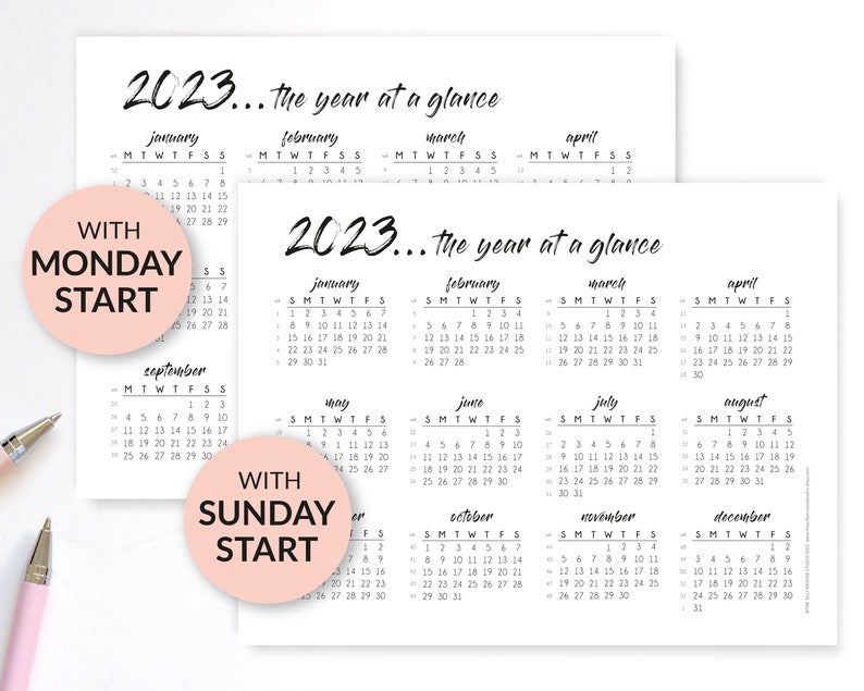 2023 yearly calendar printable monday start sunday start etsy uk