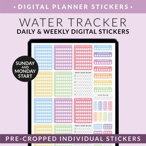 Water Tracker Digital Planner Stickers – Hydration Habit BuJo Stickers for Goodnotes + ANY Notation App – PNG Daily & Weekly Water Intake