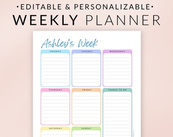 Weekly Planner Printable – Editable CANVA Planner Template – Pastel Rainbow – Personalized Planner – One Week To Do List – Digital Download