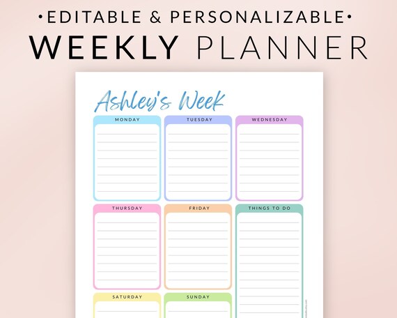 Paper Paper Party Supplies Printable EDITABLE Weekly Planner Calendar 