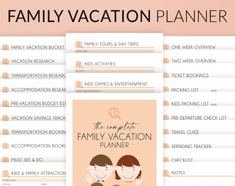 Plantilla de itinerario de vacaciones familiares – PDF imprimible y rellenable – Planificador de viajes de vacaciones – Organizador de viajes de lista de embalaje – Descarga digital