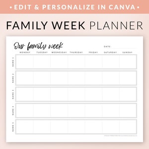 Weekly Family Planner Printable EDITABLE – CANVA Planner Template – Personalized Family of Five Weekly Calendar Schedule – Digital Download
