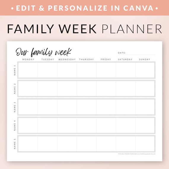Weekly family planner printable editable canva planner template  personalized family of five weekly calendar schedule digital download - etsy