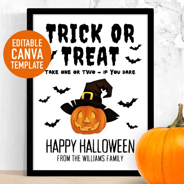 Trick or Treat Sign Editable CANVA Template Printable – Halloween Custom Personalizable Family Print – Candy Please Take One, Help Yourself