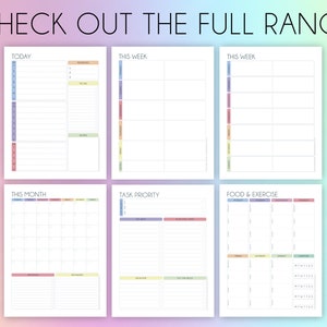 May include: A printable planner with six pages, each with a different layout. The pages include sections for "Today", "This Week", "This Month", "Task Priority", and "Food & Exercise".