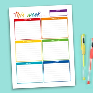 Five Day Weekly Planner Printable – Rainbow Week Days back to School Student – Monday to Friday 5 Day To Do List – Digital PDF Download