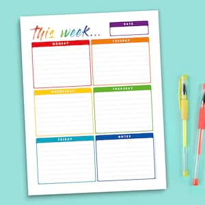 Five Day Weekly Planner Printable – Rainbow Week Days back to School Student – Monday to Friday 5 Day To Do List – Digital PDF Download