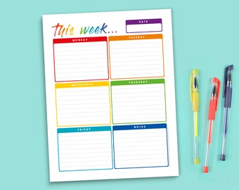 Five Day Weekly Planner Printable – Rainbow Week Days back to School Student – Monday to Friday 5 Day To Do List – Digital PDF Download