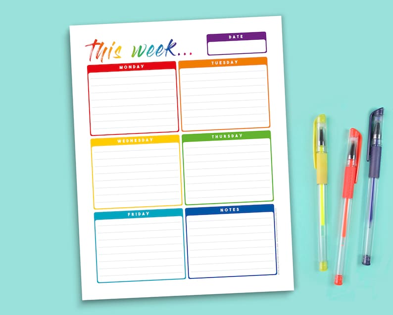 five day weekly planner printable rainbow week days back to etsy