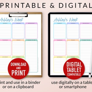 May include: A printable and digital weekly planner with the text "Ashley's Week". The planner is available in two formats: a printed version on a clipboard and a digital version on a tablet. The planner includes sections for each day of the week and "Things to Do".