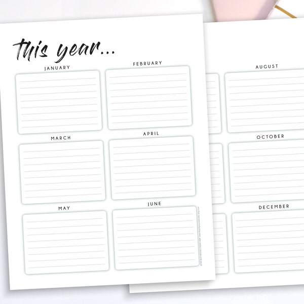 Yearly Planner Printable & Fillable PDF – Any Year Calendar – 12 Month Overview – Year at a Glance – Blank Open Dated Two Page Download