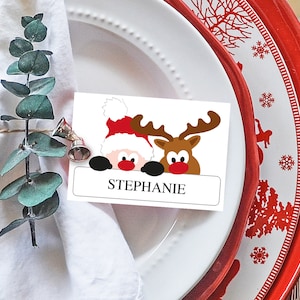 Christmas Editable Place Cards Template – Printable Table Seating Cards – Custom Name Place Card – Fun Santa & Reindeer Digital Download PDF