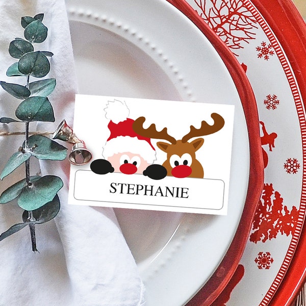 Christmas Editable Place Cards Template – Printable Table Seating Cards – Custom Name Place Card – Fun Santa & Reindeer Digital Download PDF