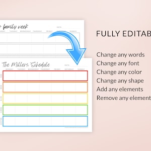 Peut inclure: Un mod&egrave;le de planning familial imprimable avec le texte "The Millers Schedule" en haut. Le planning est divis&eacute; en jours de la semaine et offre de l'espace pour les noms et les activit&eacute;s. Le mod&egrave;le est enti&egrave;rement modifiable, permettant aux utilisateurs de modifier le texte, la police, la couleur, la forme et d'ajouter ou de supprimer des &eacute;l&eacute;ments.