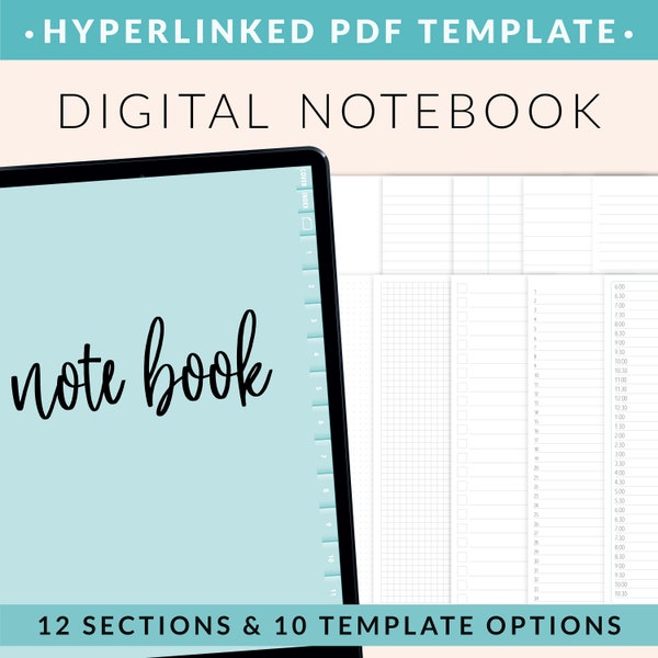 Digital Notebook Template, Hyperlinked Bullet Journal Planner with 12 Section Tabs, Aqua Bujo Notepad, PDF for GoodNotes + ANY Notation App