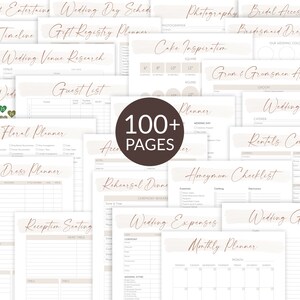 May include: A printable wedding planner with over 100 pages of checklists, trackers, and budget worksheets. The pages are designed with a minimalist aesthetic, featuring a light beige background with brown text and accents.