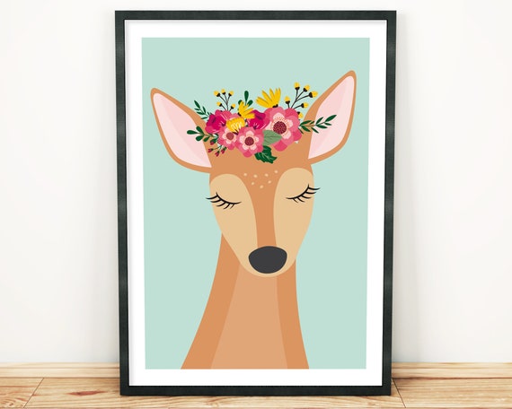 Woodland Theme Deer Nursery Decor Girls Bedroom Wall Art Printable Gift Eyelashes Flowers Cute Illustration Print Mint Forest Animal
