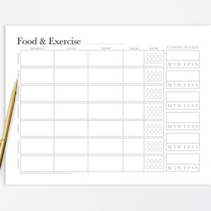 Food Journal Printable Landscape – Diet Meal Planner Exercise Tracker – Weekly Health & Fitness Log – Healthy Eating Instant Download PDF