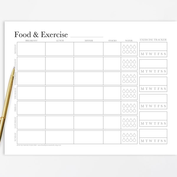 Food Journal Printable Landscape – Diet Meal Planner Exercise Tracker – Weekly Health & Fitness Log – Healthy Eating Instant Download PDF