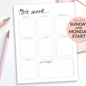 Weekly Planner Printable Fillable PDF –  To Do List Organiser – Diary Calendar Page – Portrait Monday & Sunday Start – Digital Download