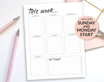 Weekly Planner Printable Fillable PDF –  To Do List Organiser – Diary Calendar Page – Portrait Monday & Sunday Start – Digital Download