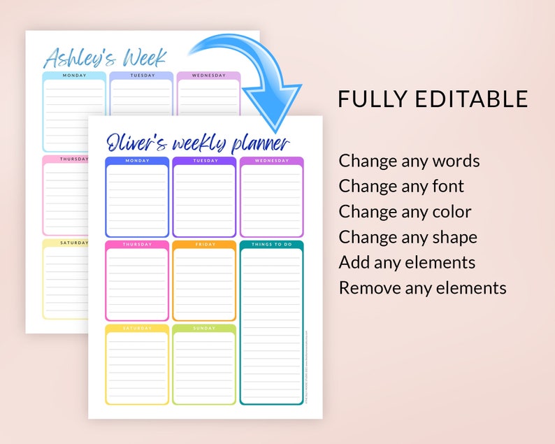 May include: Two weekly planner templates, one labeled "Ashley's Week" and the other "Oliver's weekly planner." Each planner features colorful boxes for daily scheduling and a "Things to Do" section. Text on the right reads "FULLY EDITABLE."