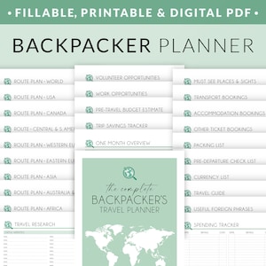 Peut inclure: Un planificateur numérique imprimable pour les routards. Le planificateur comprend des sections pour la planification d'itinéraires, la budgétisation, les listes de colisage et plus encore. La couverture présente une carte du monde verte avec le texte "The Complete Backpacker's Travel Planner".