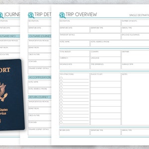 Conjunto de 3 para impressão do planejador de viagens – Planejamento de férias em um único destino – Acomodação em hotel e voo de viagem – Download digital em PDF