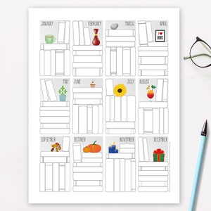 Book Tracker Printable – Bookshelf Reading Log – Books I&#39;ve Read Poster – Yearly Monthly Reading Challenge – Bullet Journal / Planner PDF