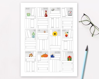 Book Tracker Printable – Bookshelf Reading Log – Books I&#39;ve Read Poster – Yearly Monthly Reading Challenge – Bullet Journal / Planner PDF