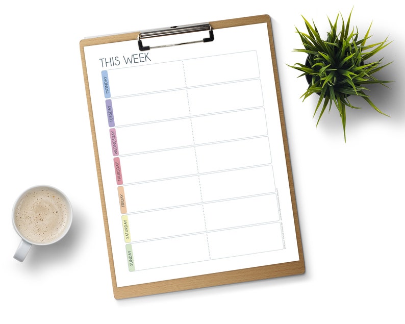 May include: A weekly planner on a clipboard with a blank white page and coloured tabs for each day of the week. The tabs are labelled Monday, Tuesday, Wednesday, Thursday, Friday, Saturday, and Sunday.