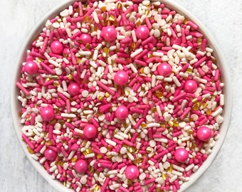 Tickled Pink Sprinkle Mix | Pink Sprinkle Mix | Pink and white with gold heart edible glitter