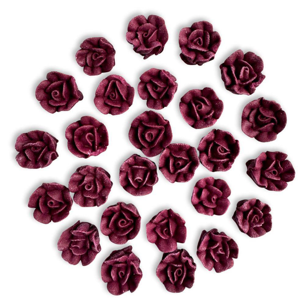 Mini Burgundy Royal Icing Roses | 24 per package | Edible Mini Rose Icing Decorations | Sugar Flowers | Bridal Shower Sprinkles