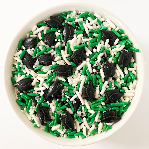 Green and White Graduation Sprinkles |3 Ounces | Graduation Cap Sprinkles | School Color Sprinkles