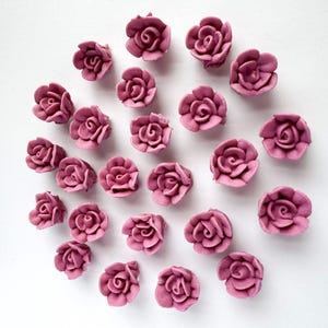 May include: A collection of small, dusty rose-colored rose-shaped decorations. The artificial flowers are arranged in a circular pattern against a white background. These decorative elements could be used for crafts or embellishments.