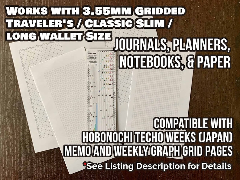 Travelers Classic Slim 3.55mm compatible w/ Hobonichi Techo Weeks planner memo graph paper Smarter Spacing Ruler printable stencil grid tool image 2