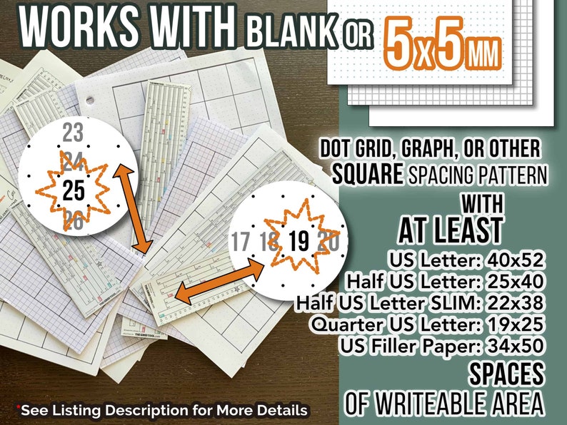 US Letter, Filler Paper 5mm Smarter Spacing Ruler Bundle : printable bullet journal row and column planner stencil bujo dot grid tool 8.5x11 image 8