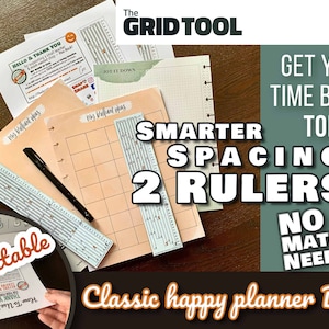 May include: Printable planner rulers for classic happy planner dots. The rulers are blue and white with black lines and numbers. The text on the rulers says "Smarter Spacing 2 Rulers". The text on the image says "Get Your Time Back Today! No Math Needed!"