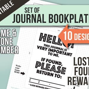 Bookplates Set of 10 Designs : Lost and Found, Name, Phone Number, Reward . 4.7x 6.7 fits size A5 journal, notebook, planner or bujo image 1