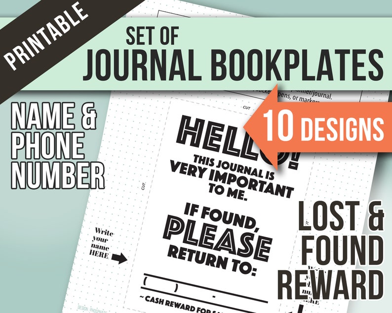 Bookplates Set of 10 Designs : Lost and Found, Name, Phone Number, Reward . 4.7x 6.7 fits size A5 journal, notebook, planner or bujo image 1