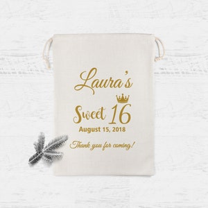 Set of 20 Sweet 16 Birthday Personalized Candy favor Bags Custom Thank You  Favor Bags with Crown - 16th Birthday Custom Muslin Cotton Bags