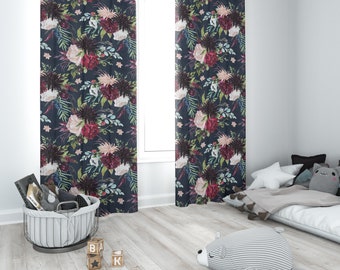 Items Similar To Floral Curtains In Pink And Navy Blue For
