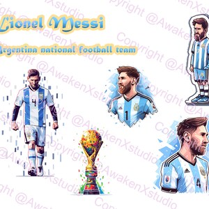 Op de afbeelding: Een digitale illustratie van Lionel Messi, een beroemde Argentijnse voetballer, die het blauw-witte shirt van het Argentijnse nationale team draagt. De afbeelding bevat een close-up van Messi's gezicht, een full-body afbeelding van Messi die een voetbal vasthoudt, en een trofee met een gouden basis en een globe op de top.